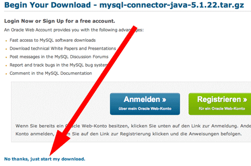 Download-Bildschirm bei mysql.de