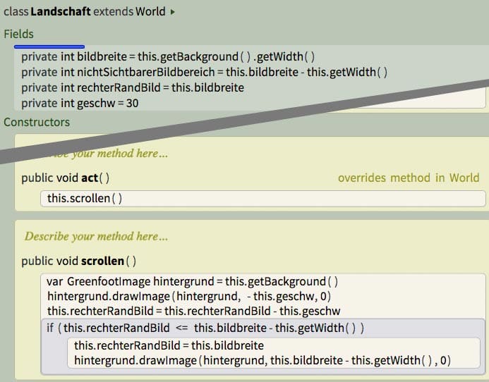 Screenshot Greenfoot 3: Hintergrundbild scrollen lassen