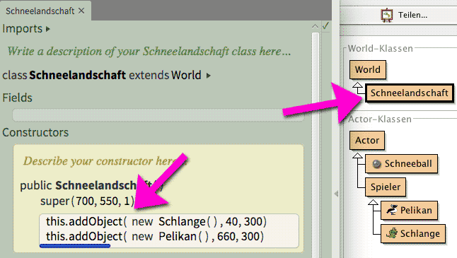 Screenshot: Greenfoot-3-Objekte in einer Weltklasse erzeugen