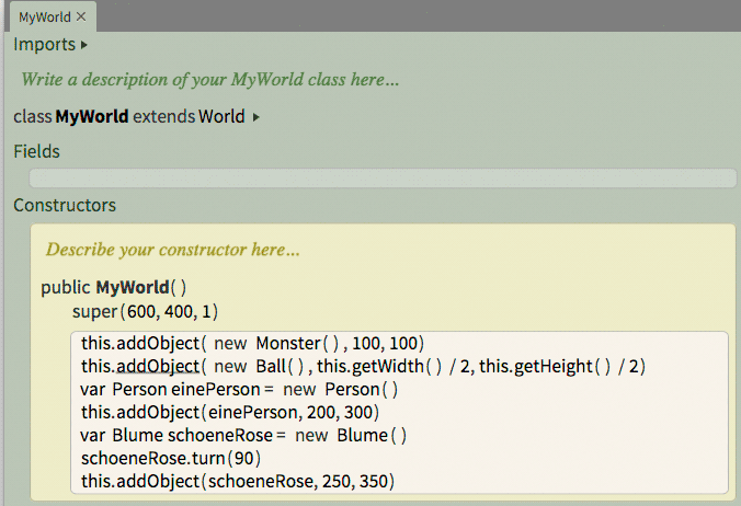 Screenshot: Greenfoot 3, World-Klasse
