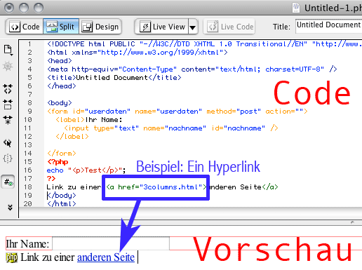 Screenshot: Oberfläche eines WYSIWYG-Editors (Dreamweaver) mit getrennter Code- und Entwurfsansicht