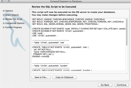 MySQL-Code als Ergebnis des Forward-Engineering