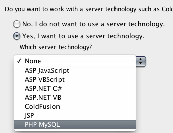 Servertechnologie PHP in Dreamweaver einstellen