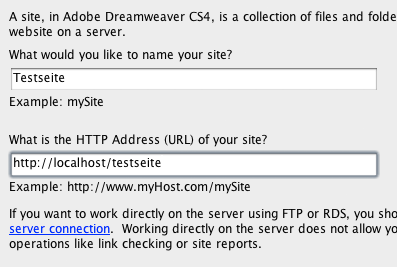 Dialog: Neue Site in Dreamweaver anlegen