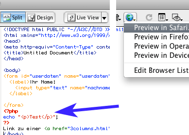 Screenshot: PHP-Befehle in Dreamweaver-HTML-Code einbinden und Vorschau in Browser aufrufen
